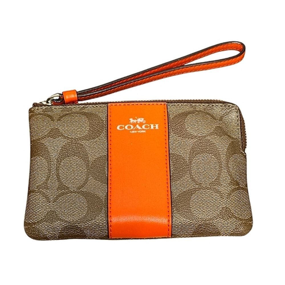 COACH Signature Brown And Orange Zip Wristlet
